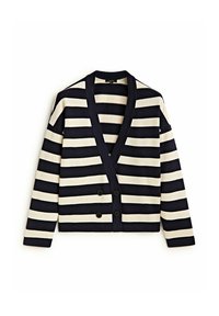 Granatowy i kremowy sweter w paski, wykonany z miękkiego materiału, z dekoltem w serek i podwójnym zapięciem na guziki. Akcentowany czarnymi guzikami.