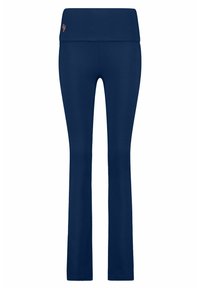 Navyblaue Yogahosen mit einem breiten Bund, aus einem glatten, dehnbaren Material; mit einem Logodetail in kontrastierender Farbe.