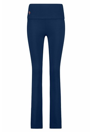Navyblaue Yogahosen mit einem breiten Bund, aus einem glatten, dehnbaren Material; mit einem Logodetail in kontrastierender Farbe.