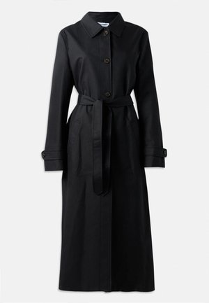 Black long coat made of a smooth fabric with a collar, button front, belt at the waist, and side pockets. Classic design with tailored fit.