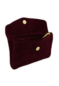 Pochette en suède bordeaux avec une finition texturée, dotée d'une fermeture éclair dorée et de deux boutons-pression dorés, conçue dans une forme compacte et rectangulaire.