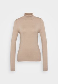 Pull beige à col roulé à manches longues avec col, poignets et ourlet côtelés, montré sur un fond clair uni.