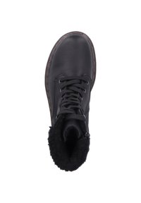 Schwarze Leder-Stiefelette mit runder Zehenform, strukturiertem Fellfutter, schwarzen Schnürsenkeln und einer geriffelten Gummisohle. Verfügt über einen seitlichen Reißverschluss für einfaches An- und Ausziehen.