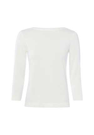 White long-sleeve fitted sweater with boat neckline and ribbed cuffs and hem, shown from the front on a plain background.