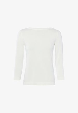 White long-sleeve fitted sweater with boat neckline and ribbed cuffs and hem, shown from the front on a plain background.