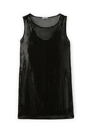 Maiou negru fără mâneci din plasă cu model circular, cu decolteu rotund și tiv drept.