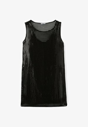 Débardeur noir sans manches en maille avec un motif circulaire, encolure ronde et ourlet droit.