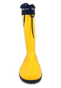 Geel rubberen regenlaars met een marineblauwe stoffen boord, voorzien van een vetersluiting en een reflecterende zilveren accent nabij de bovenkant. Zwarte rubberen zool.