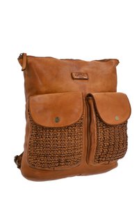 Brown leather backpack with two front woven pockets featuring flap closures and metal snap buttons.