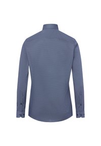 Langarmhemd in Marineblau mit einem kleinen geometrischen Muster, Knopfmanschetten und einem klassischen Kragen mit geradem Rückenschnitt.