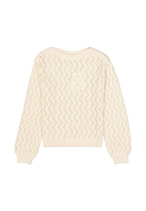 Pull en tricot couleur crème avec un motif en zigzag et des poignets et un ourlet côtelés. Le tissu présente une texture respirante.