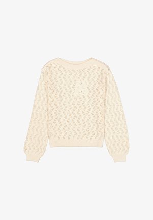 Pull en tricot couleur crème avec un motif en zigzag et des poignets et un ourlet côtelés. Le tissu présente une texture respirante.
