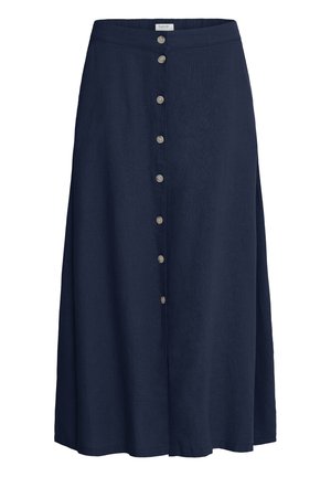 Fustă midi bleumarin cu închidere frontală cu nasturi și talie simplă, realizată dintr-un material neted.