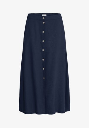 Falda midi azul marino con cierre de botones delanteros y una cinturilla simple, confeccionada en una tela lisa.