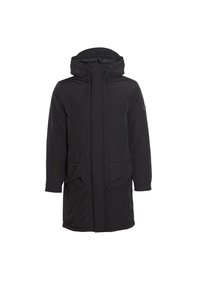 Parka negra impermeable con capucha, cierre frontal de cremallera, dos grandes bolsillos delanteros y cordones ajustables en el cuello y los puños.