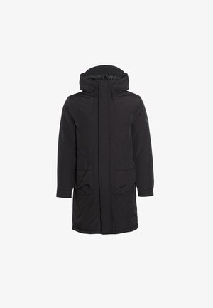 Svart vanntett parka-jakke med hette, frontlommelykt, to store frontlommer og justerbare snorer ved hals og mansjetter.