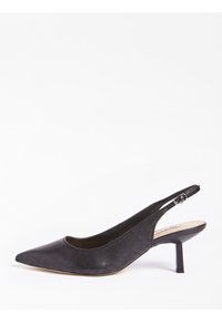Decolleté slingback in pelle nera con punta appuntita, motivo geometrico in rilievo e tacco a spillo di 6,5 cm. Dettaglio con cinturino regolabile alla caviglia.