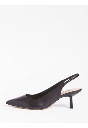 Decolleté slingback in pelle nera con punta appuntita, motivo geometrico in rilievo e tacco a spillo di 6,5 cm. Dettaglio con cinturino regolabile alla caviglia.