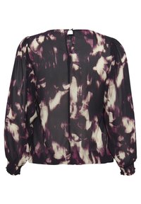 Black and purple floral-patterned blouse with long puff sleeves and gathered cuffs. Keyhole back closure above a rounded neckline.