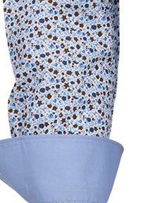 Manica di camicia a fantasia floreale blu con polsino azzurro. Presenta piccoli fiori marroni e blu su uno sfondo bianco. Tessuto morbido.