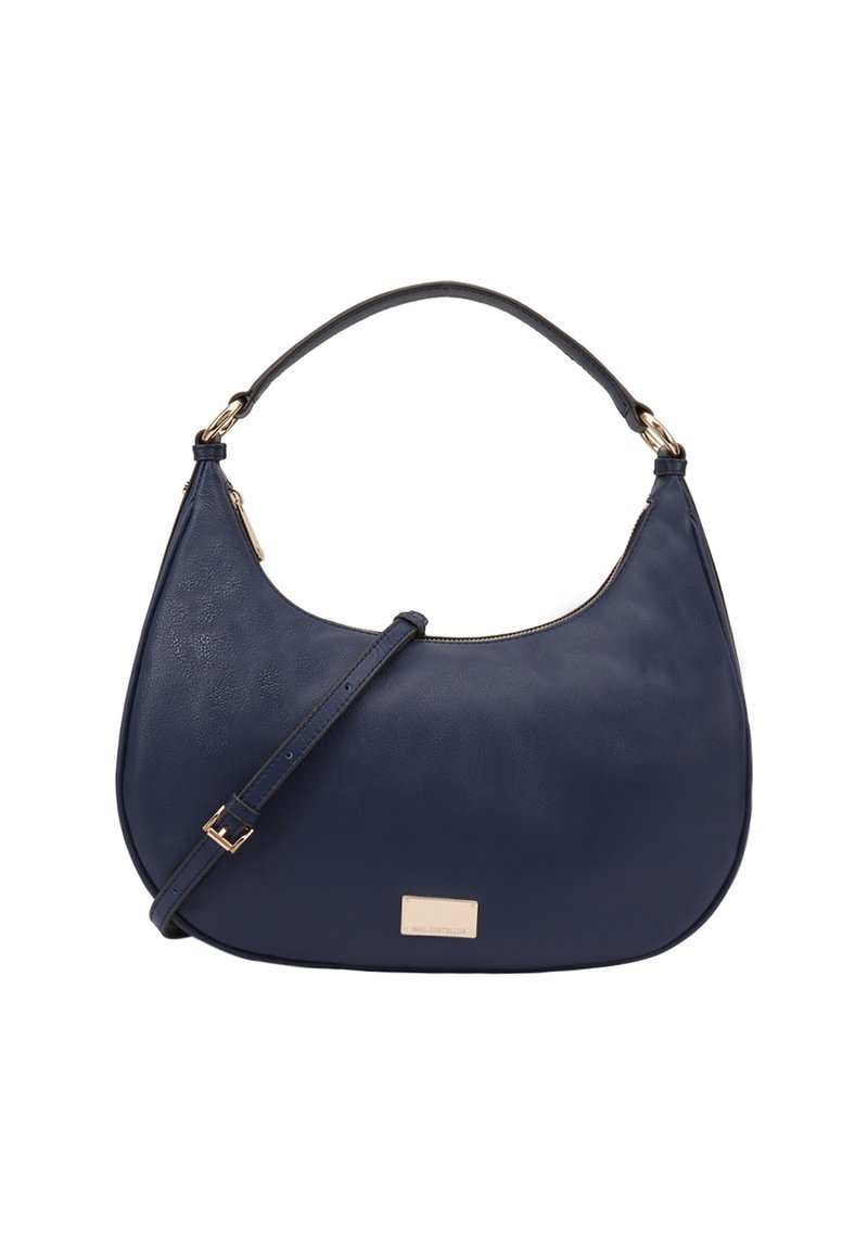 Donkerblauwe hobo tas van textuurleer met een gladde afwerking, voorzien van een gouden plaat, schouderriem en ritssluiting.