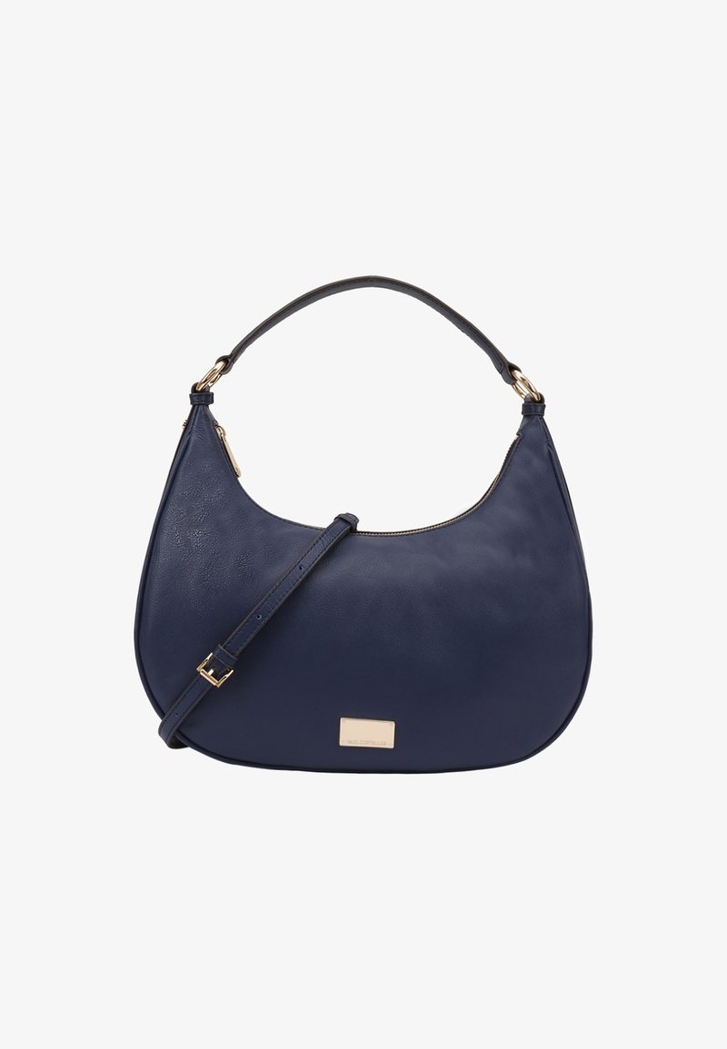 Donkerblauwe hobo tas van textuurleer met een gladde afwerking, voorzien van een gouden plaat, schouderriem en ritssluiting.