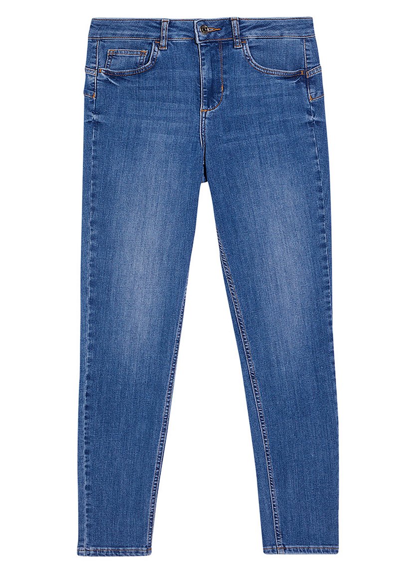 Jeans skinny in denim blu con bottone e zip frontale, design a cinque tasche e leggere sfumature di sbiadimento sulle cosce.