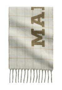 Geweven deken sjaal in lichtbeige met een rasterpatroon; voorzien van donkere letters en franjes aan de randen voor textuur en detail.