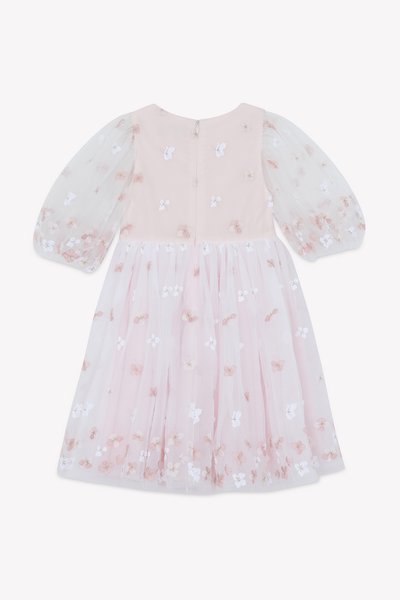 Robe brodée avec un corsage rose et une jupe en tulle superposée, ornée de motifs floraux en blanc et rose pâle. Manches longues transparentes et bouffantes.