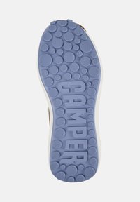 Blue rubber sole with textured bubbles, featuring "CAMPER" in bold letters and size "38" embossed, bordered by a white trim.