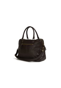 Borsa a tracolla in pelle marrone, con forma rettangolare, doppi manici e tracolla rimovibile. Presenta accessori in tono oro e una tasca frontale con zip.
