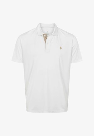 Fehér rövid ujjú galléros póló bézs belső gombolósávval és kis hímzett ló logóval a bal mellrészen.