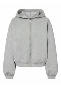 Felpa grigia con zip e cappuccio, realizzata in tessuto morbido. Presenta polsini e orlo elastici, con una fodera interna liscia e senza motivi.