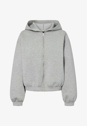 Grau zip-up Kapuzenpullover aus weichem Stoff. Verfügt über elastische Manschetten und einen Saum, mit einer glatten Innenseite und ohne Muster.