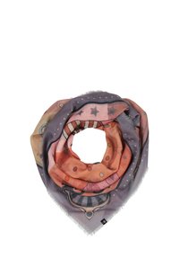 Patterned scarf featuring shades of pink and gray with star and polka dot designs. Frayed edges and a circular shape for versatile styling.