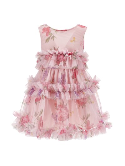 Ροζ φόρεμα για νήπια χωρίς μανίκια με floral σχέδιο, στρώσεις βολάν από τούλι στη μέση και στο τελείωμα της φούστας, με τριαντάφυλλα και πεταλούδες.