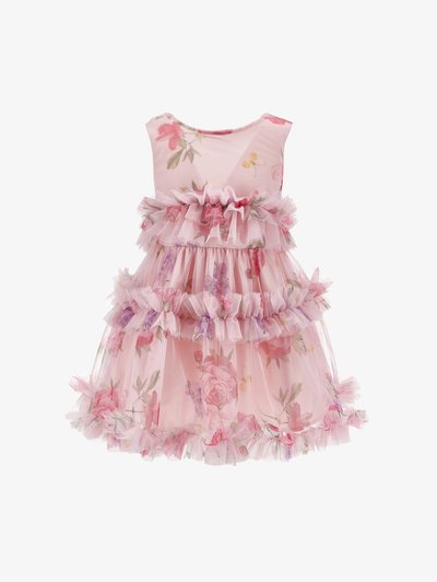 Ροζ φόρεμα για νήπια χωρίς μανίκια με floral σχέδιο, στρώσεις βολάν από τούλι στη μέση και στο τελείωμα της φούστας, με τριαντάφυλλα και πεταλούδες.