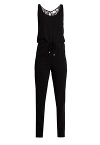 Mono negro con diseño sin mangas, cintura ajustable con cordón y detalle de encaje en el escote. Tejido suave con una silueta ajustada.