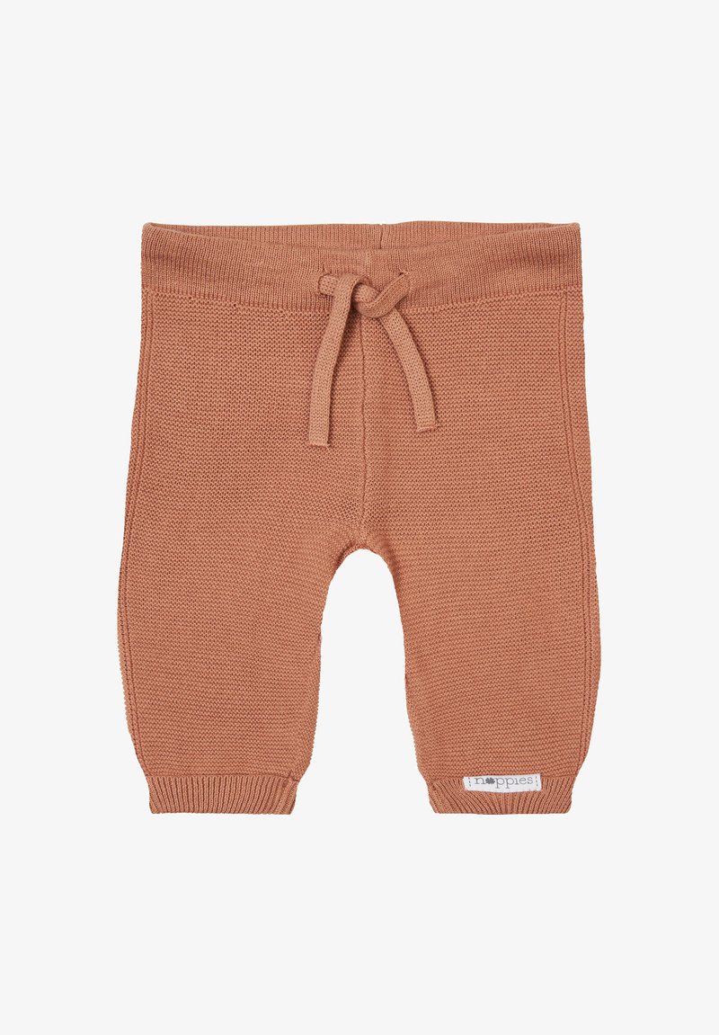 Rustkleurige gebreide broek van zacht materiaal, met een trekkoord in de taille en geribbelde manchetten. Textuur met een label aan de zijkant.