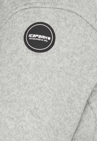 Grijze gebreide sweatshirts met een ronde zwarte patch gelabeld "ICEPEAK" en "OPGERICHT IN 1996," met een gestructureerde stof en een eenvoudig ontwerp.