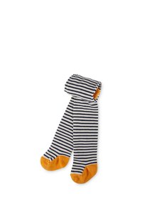 Marineblau-weiß gestreifte Strumpfhosen mit orangefarbenen Fuß- und Zehenbereichen, ordentlich gefaltet auf einem weißen Hintergrund.