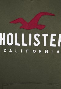 Olivgrön huva med en broderad mörkröd mås och vit text "HOLLISTER" ovanför "CALIFORNIA", med en mjuk tygtextur.