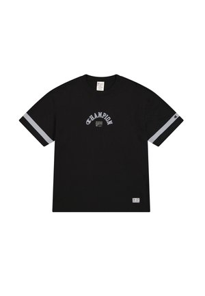 Black short-sleeved t-shirt with gray accent stripes on sleeves, featuring "Champion" logo in white arched text on the front.