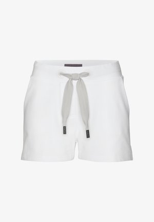 Weiße Baumwollshorts mit grauem Kordelzug, versehen mit zwei Ösen und Etiketten an den Kordelendstücken. Gerader Schnitt mit glatter Textur.