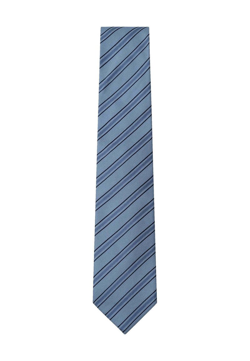 Corbata azul clara con rayas diagonales en azul oscuro. Fabricada en una tela suave, presenta un diseño estrecho con punta.