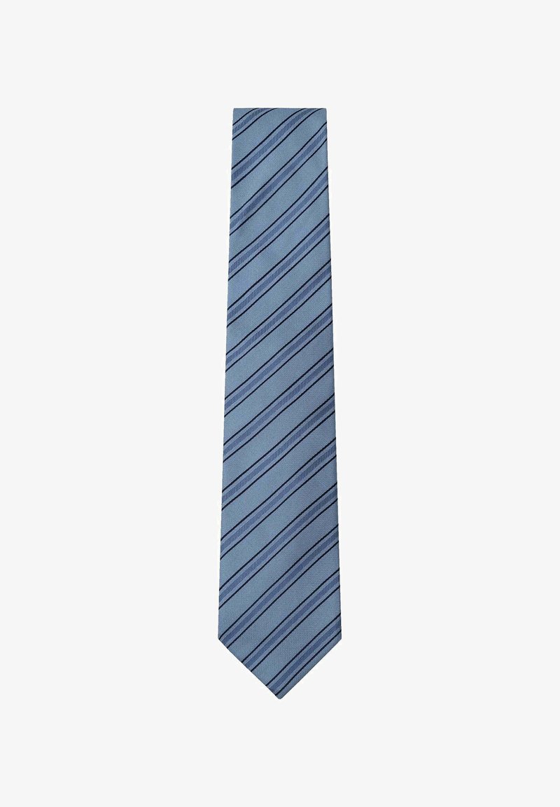Cravatta blu chiaro con strisce diagonali blu scuro. Realizzata in un tessuto liscio, presenta un design stretto con punta appuntita.