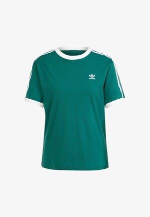 T-shirt de algodão verde com gola e acabamentos das mangas brancos. Apresenta um pequeno logo da Adidas branco no peito e riscas laterais brancas.
