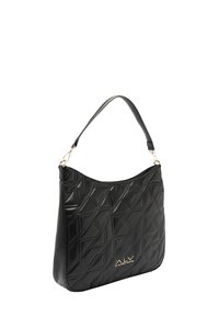 Borsa nera con motivo geometrico testurizzato, realizzata in materiale sintetico. Presenta una singola tracolla e un dettaglio logo dorato.