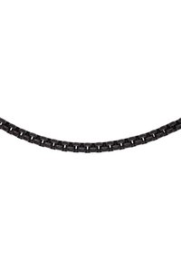 Catena in metallo nero con anelli intrecciati. Texture liscia, forma uniforme e larghezza costante. Nessun hardware o accenti visibili.