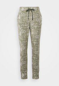 Calças texturizadas verdes com um padrão abstrato branco, cintura elástica com cordão, e aberturas de pernas afuniladas.